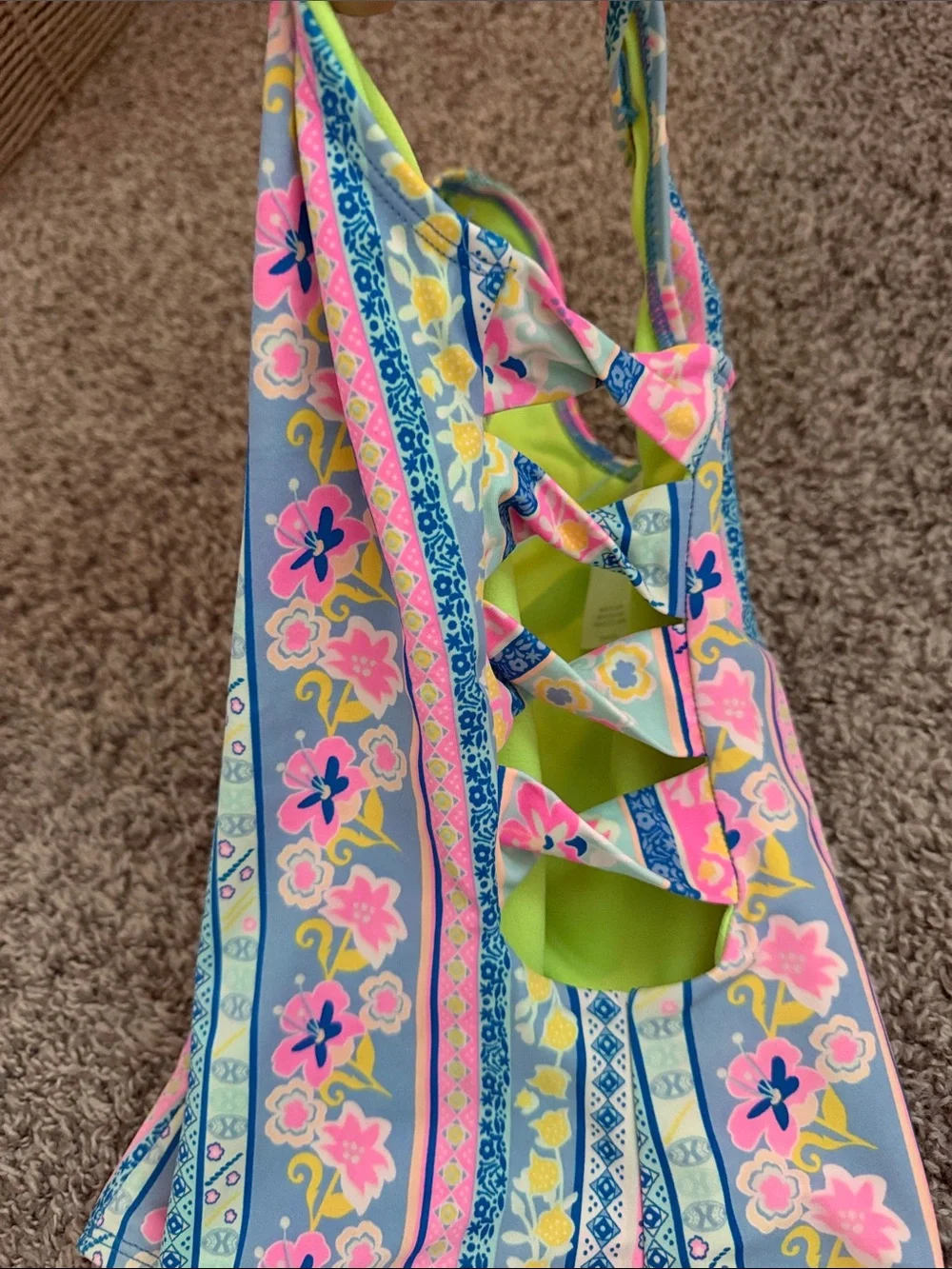 Girls Floral Stripe One-Piece Swimsuit - Pink & Blue